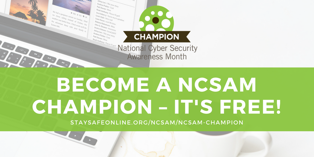 STOPTHNKCONNECT's tweet photo. October is National #CyberAware Month! Show your support &amp; register as a NCSAM Champion – it’s free! 

→ https://t.co/0iwNbRSG4h https://t.co/UfmZYeQJLL