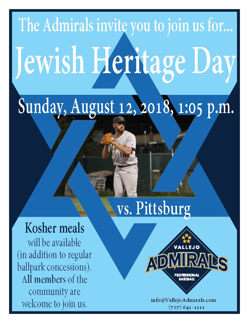 VallejoAdmirals's tweet photo. Sunday, August 12 is Jewish Heritage Day with the Admirals! Kosher meals will be offered, along with all regular menu fare. Everyone is welcome! 1:05 start against Pittsburg. Tickets here: https://t.co/vgr6qHfziz #Shalom #AllCommunityAllFun https://t.co/wdc9GnvRug