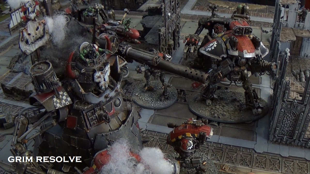 GrimResolve40k's tweet photo. https://t.co/1FOG9n1zsJ Waz Zappa returns and this time its WAAAAGH! House Raven vs Ork Mek Mob II! #warhammer #orks #imperialknights #houseraven #40k https://t.co/oaRvEqe4kv