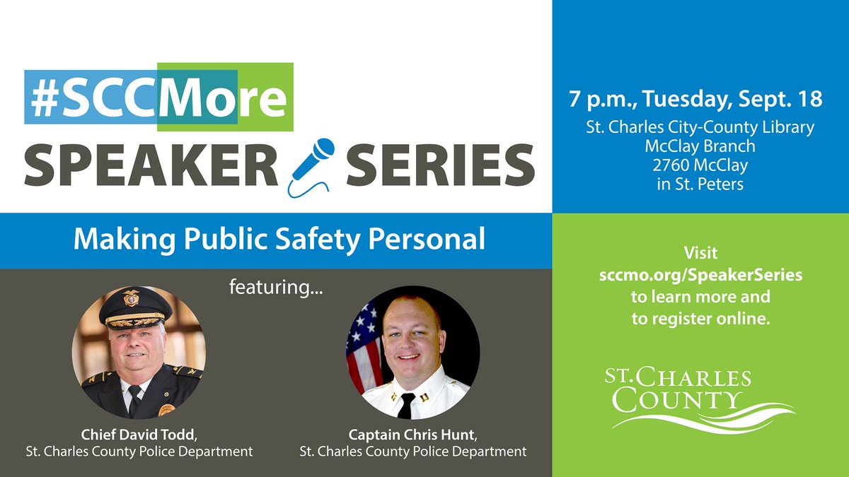 sccmo's tweet photo. The next #SCCMore Speaker Series is all about public safety. @SCCMOPD Chief David Todd and Captain Chris Hunt will share "Making Public Safety Personal" Sept. 18 at the @YourAnswerPlace McClay Branch. Register for free at https://t.co/emEahcslkt. https://t.co/4trR9fhzNd