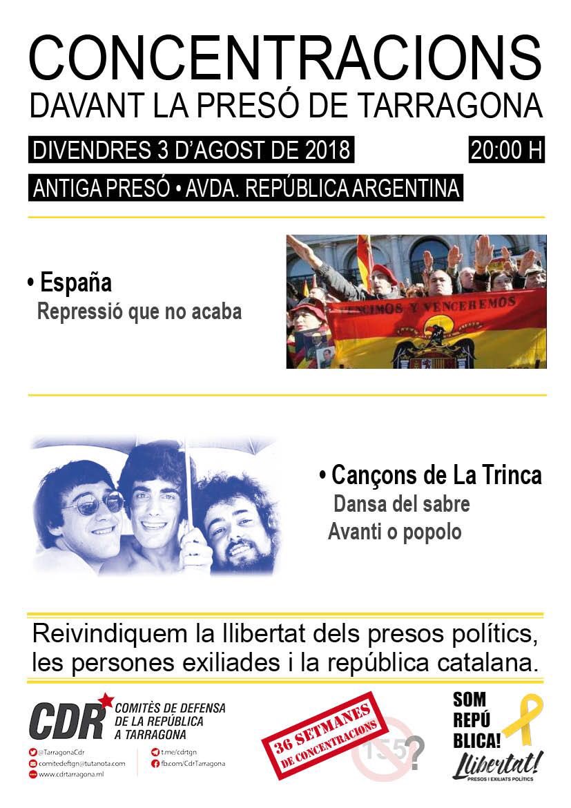 📣 Aquest divendres dia 3 d'agost de 2018, a les 20 h us esperem a la "Trobada davant la Presó de Tarragona" per demanar la llibertat dels presos polítics i el retorn de les persones exiliades a la República Catalana.
Esteu, totes i tots, convidades📣!

Salut i República! 🎗