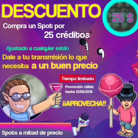 ✨Los que me pidan un Spot/Intro/Pisador durante la fecha comprendida de 02/08 hasta 12/08 el precio será de 25 créditos✨

🤟🏼Aprovecha este descuento!! 📢 Etiqueta a tus amigos Locutores (Djs) 🔝 25 créditos cada Spot 🎩

Puedes contactarme por DM o Skype: CarlosContreras_