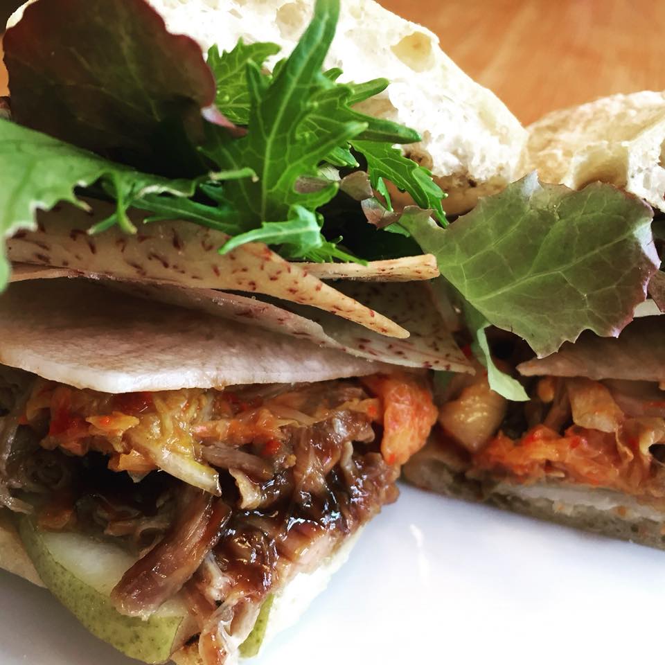 Hoisin Pulled Pork Sandwiches ($12) on feature tomorrow from 11am-4pm, w/Taro Chips, House Kimchi and Pear, between a delicious "Salt and Pepper Fox" Ciabatta! Two syllable Damn! #pang #pangphotos #pangwich #yyj #yyjeats #yyjfood #eatlocal #goodassbread