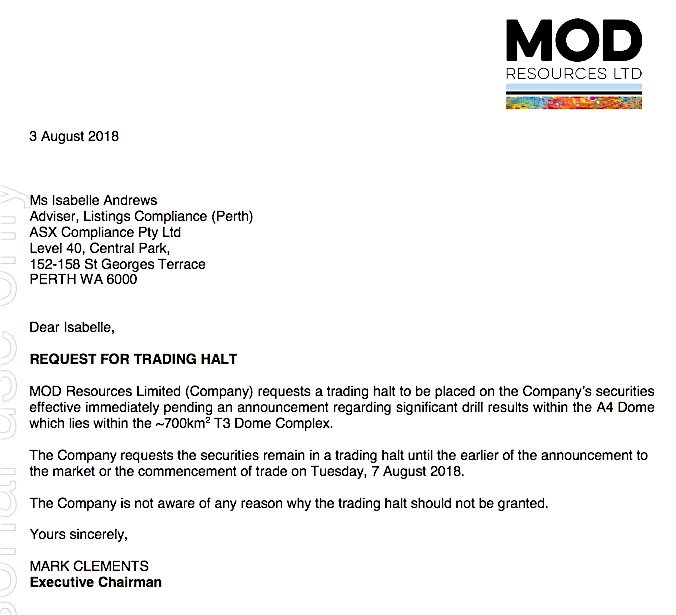 chrisjparrish's tweet photo. $MOD Resources Announces a Trading Halt "Pending Significant Drill  Results within A4 Dome", 6km of T3, which also caused a Trading Halt in March 2016 prior to releasing the heady news of a Major #Copper Discovery at the JV with #MTR in #Botswana .Will A4 be even better than T3 ? https://t.co/yxkprDufwX