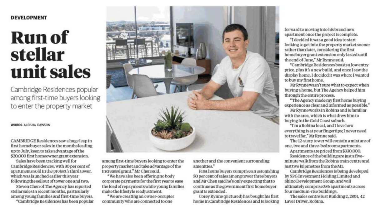 AgencyProjects's tweet photo. As reported by @aleishapidgeon from @realestate_au young families and first home buyers, such as Corey, are making the most of the $20,000 first homeowner grant extension to enter the #property market, accounting for 50 per cent of sales among Cambridge Residences’ tower 3. https://t.co/smQmNmiJvT