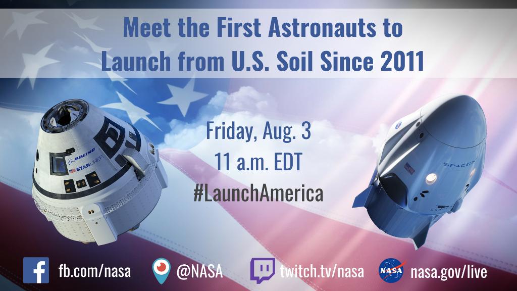 NASA_Events's tweet image. Tomorrow we’re introducing you to the 1st humans that'll launch from U.S. soil since the final Shuttle mission in 2011. Join us at 11am ET to meet @CommercialCrew astronauts that’ll fly on @BoeingSpace &amp;amp; @SpaceX capsules to #LaunchAmerica to @Space_Station go.nasa.gov/2ABJ52j