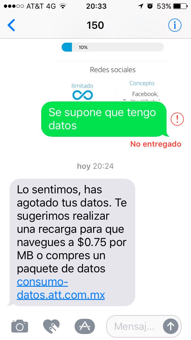 SenAntonio's tweet photo. @ATTMxAyuda porque me mandan mensaje de que he agotado mis datos y la aplicación dice que tengo el 90% de mis datos y he tenido problemas para navegar cuando me quedan pocos megas y tampoco puedo recargar https://t.co/4fgTNxhWfC
