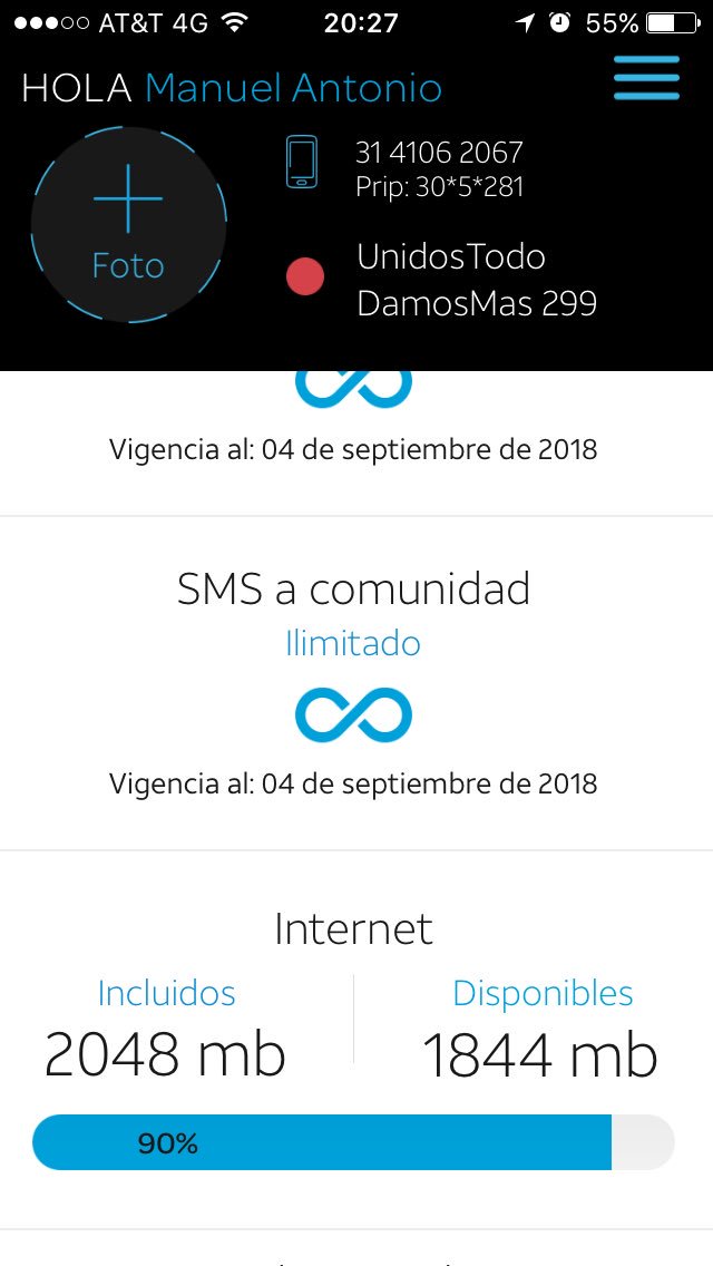 SenAntonio's tweet photo. @ATTMxAyuda porque me mandan mensaje de que he agotado mis datos y la aplicación dice que tengo el 90% de mis datos y he tenido problemas para navegar cuando me quedan pocos megas y tampoco puedo recargar https://t.co/4fgTNxhWfC