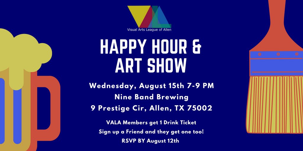 VALA_TX's tweet photo. Come join us!!! We're excited to have our first member appreciation event at @NineBandBrewing in #AllenTexas
Join #ValaTx get a drink ticket!
@BlueHouseToo @AllenTXArts
#Art #artist #artwork #VisualArtist #brewery #beer https://t.co/AazXYOv0Zd