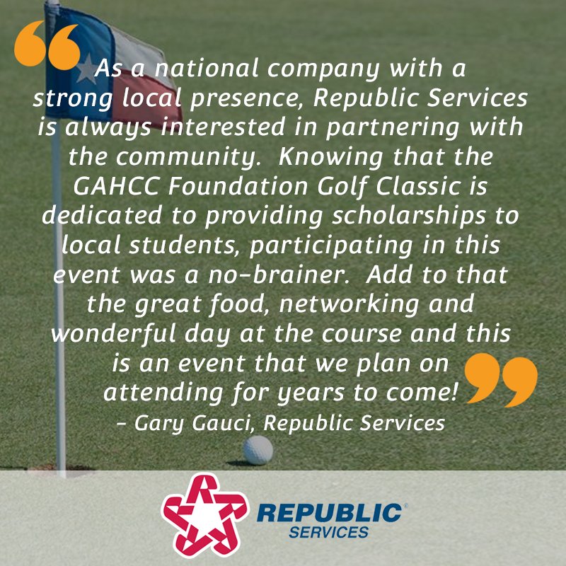 GAHCCFoundation's tweet photo. Thank you @RepublicService, for being an ongoing sponsor for our Golf Classic! Join us in supporting the 2018 Golf Classic, sponsor a Tee Box or Tent Table today: https://t.co/eYaKTTESri #ATX #ATXBusiness #GAHCC #GAHCCF #GAHCCFoundation https://t.co/tPba6s3gn0