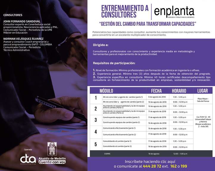 Luis01Ossa's tweet photo. Entrenamiento a Consultores, Gestión del Cambio para Transformar Capacidades, Programa ENPLANTA 2018, inscripciones abiertas! https://t.co/z4XAnfQPGH