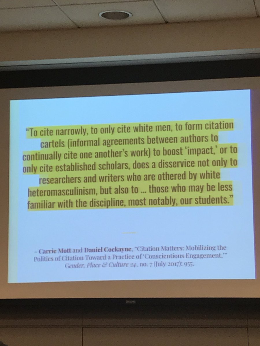 cha_cjb's tweet photo. LOVING how @alizaelk is centering other scholars’ voices in a presentation about feminist citation! Way to walk the walk!  #nlsummit18 https://t.co/fGzpksHx6S