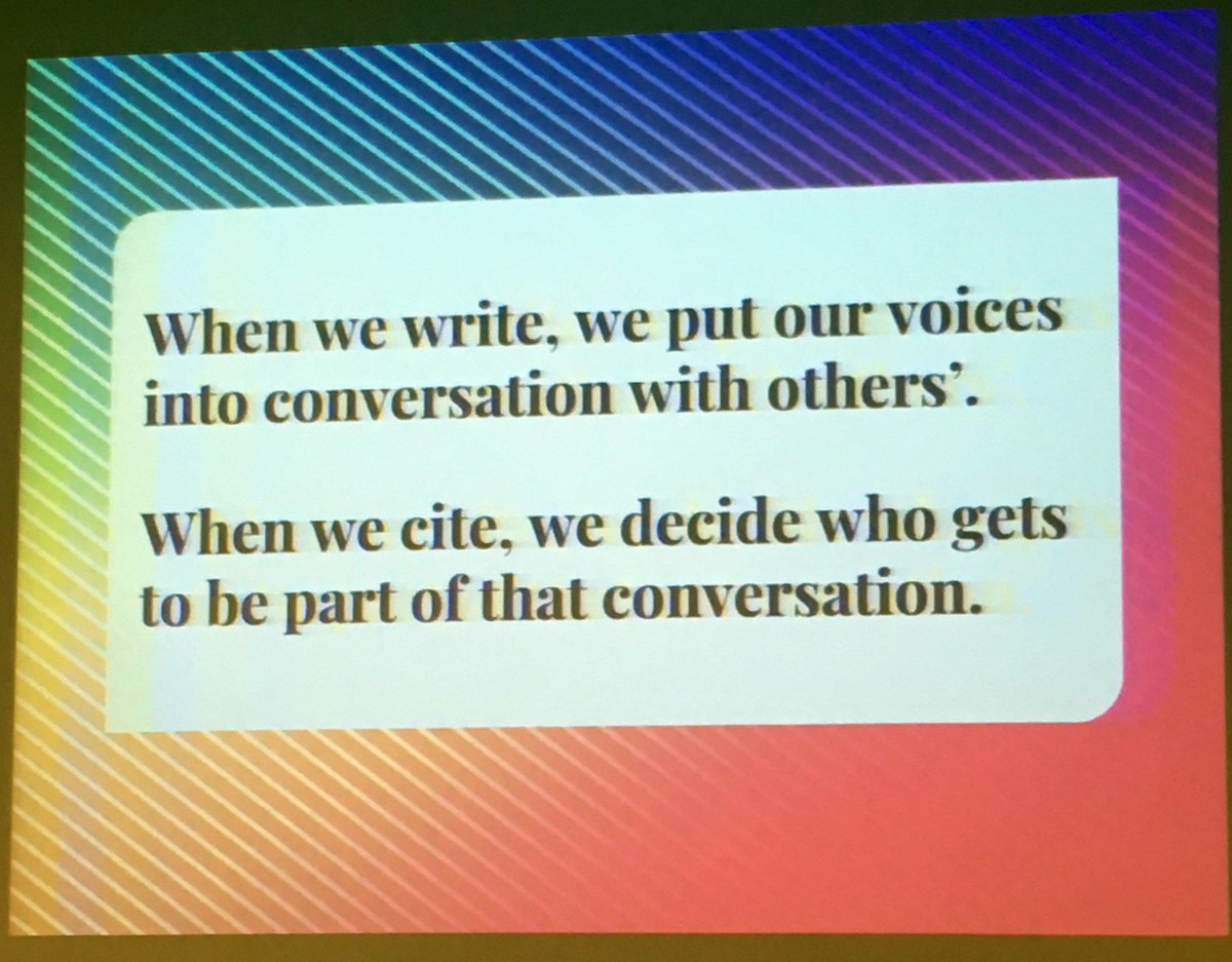 NewLibrarians's tweet photo. A slide from @alizaelk at #nlsummit18. 
"When we write, we put our voices into conversation with others'.
When we cite, we decide who gets to be part of that conversation." https://t.co/tf1RDGl5kz