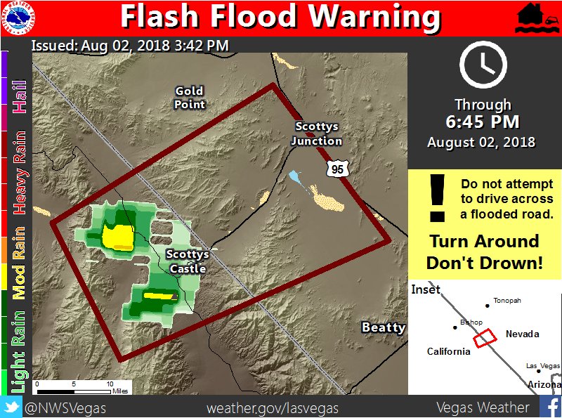 ⚠️ FLASH FLOOD WARNING ⚠️
(3:44pm)
Issued for north #InyoCounty, west #NyeCounty, and SE #EsmeraldaCounty including Mesquite Springs Campground, Scottys Castle, and Scottys Castle Road until 6:45pm. 
#NvWx #CaWx