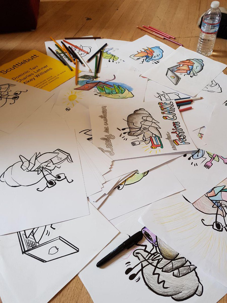 ahdinosaur's tweet photo. hi #DWebSummit, if you're interested in #Scuttlebutt, we're on the floor coloring hermies, feel free to join us! ☀️🦀🌈 https://t.co/VwFvmwcJBQ