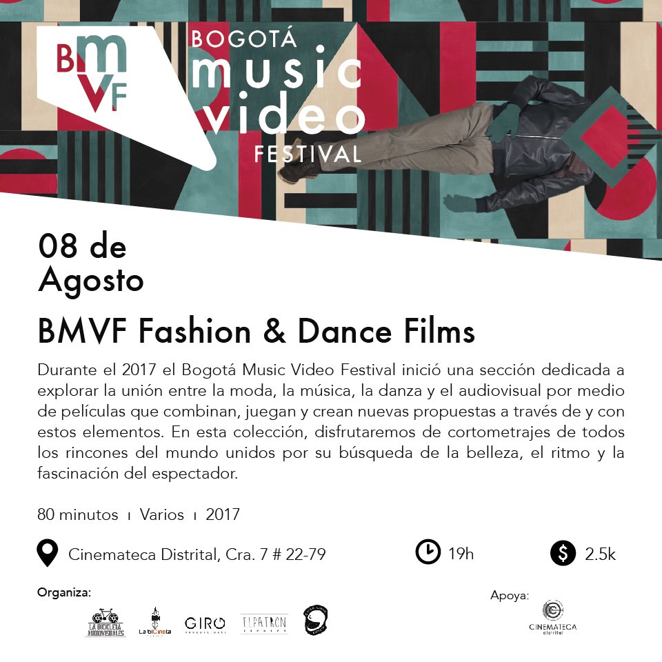 BogotaMVF's tweet photo. ¡La próxima semana no se pierdan nuestra Proyección Selección Fashion &amp; Dance Films BMVF 2017 el miércoles en la @CinematecaBta ! https://t.co/JgO5uU0fYf