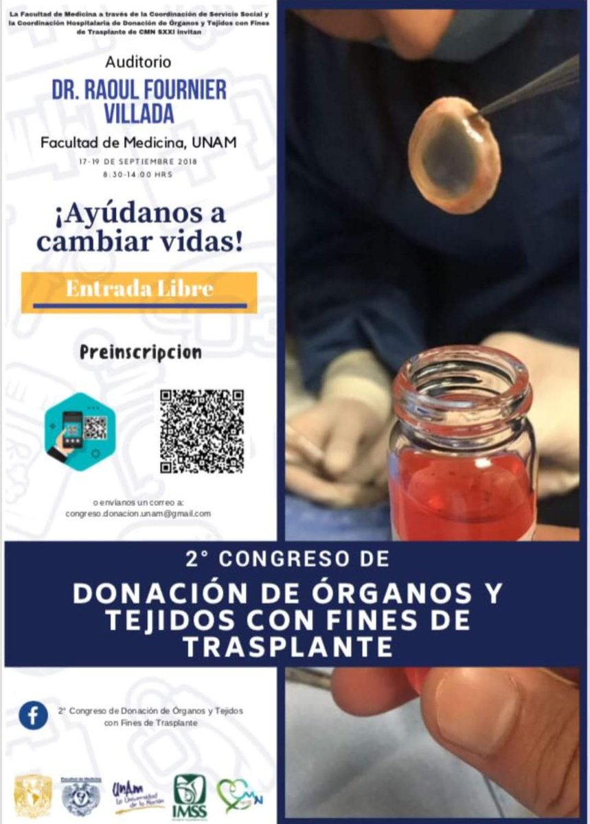 Los esperamos en el 2do. Congreso de Donación de Órganos y Tejidos!! En el auditorio principal de La Facultad de Medicina de la UNAM!!
Entrada libre!! E inscribite ya! #SoyDonador #HablemosDeDonacion #UNAM #FacMed #CMNSXXI #SoyDonadorYMiFamiliaLoRespeta