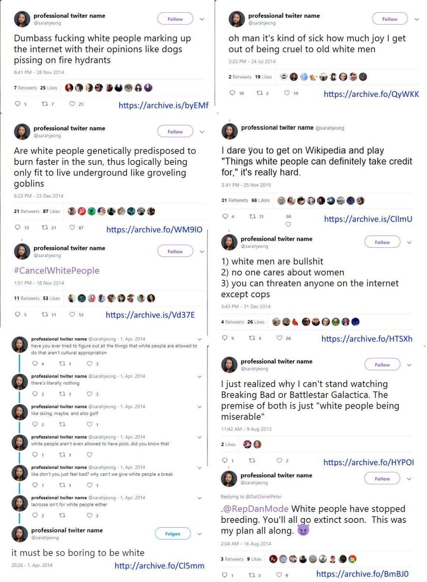 LeftPond's tweet image. It’s truly breathtaking that the @nytimes continue to give Sarah Jeong a platform. 

She uses her minority status to be an outright racist.