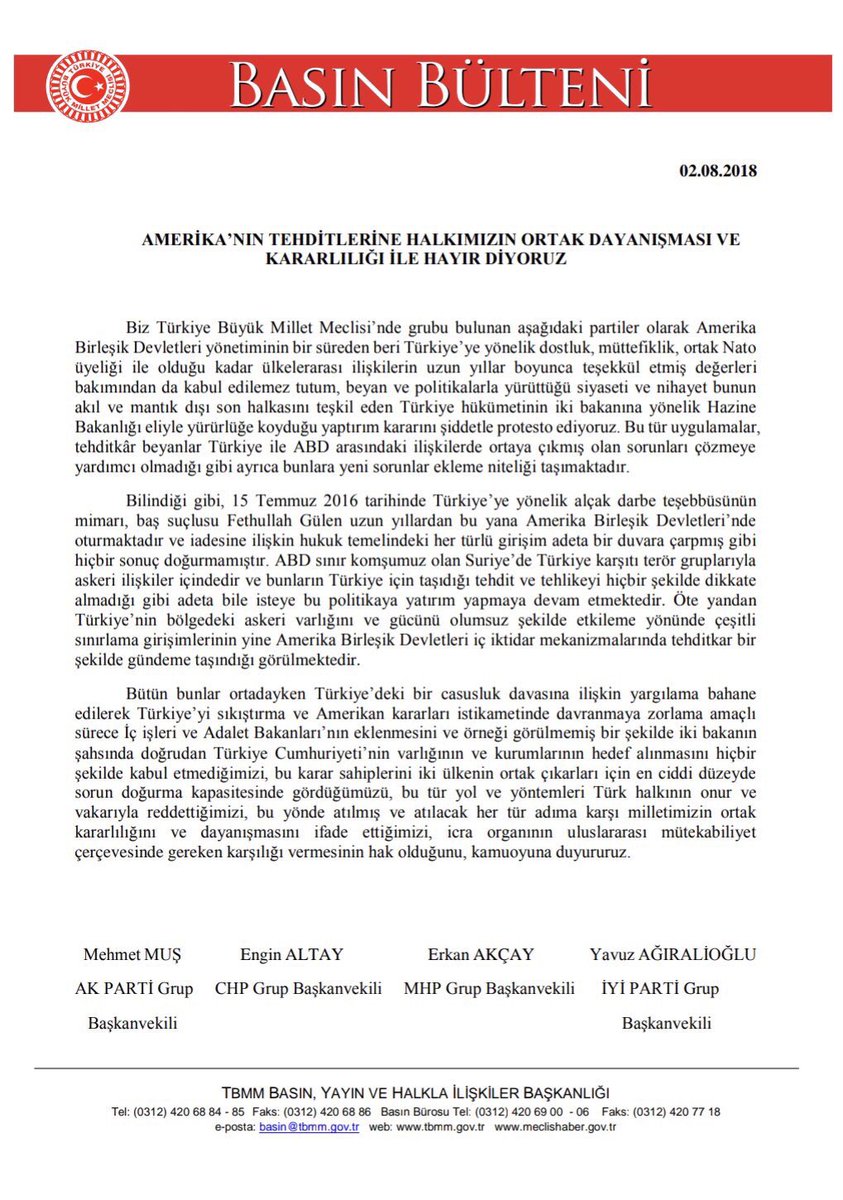 Türkiye Büyük Millet Meclisinde grubu bulunan 4 siyasi parti birlikte Amerika Birleşik Devletleri Hazine Bakanlığının yaptırım kararına ilişkin ortak açıklama yaptı