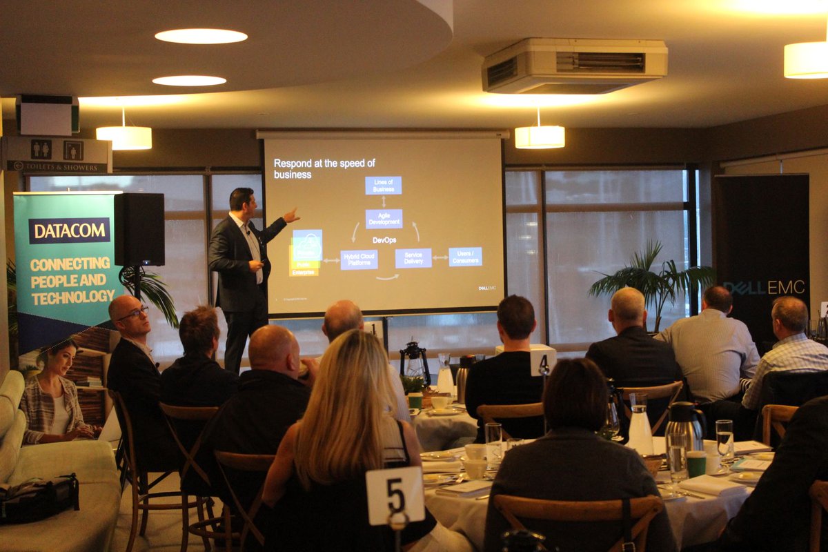 Datacom's tweet photo. Great event this morning 'Embracing the Hybrid Cloud' with @DellEMC and @MicrosoftNZ  Great crowd, talking about where enterprise is heading with hybrid cloud. Also Datacom Azure Stack – now generally available! The power of Azure Cloud, Localised. https://t.co/tzHly6BKzd