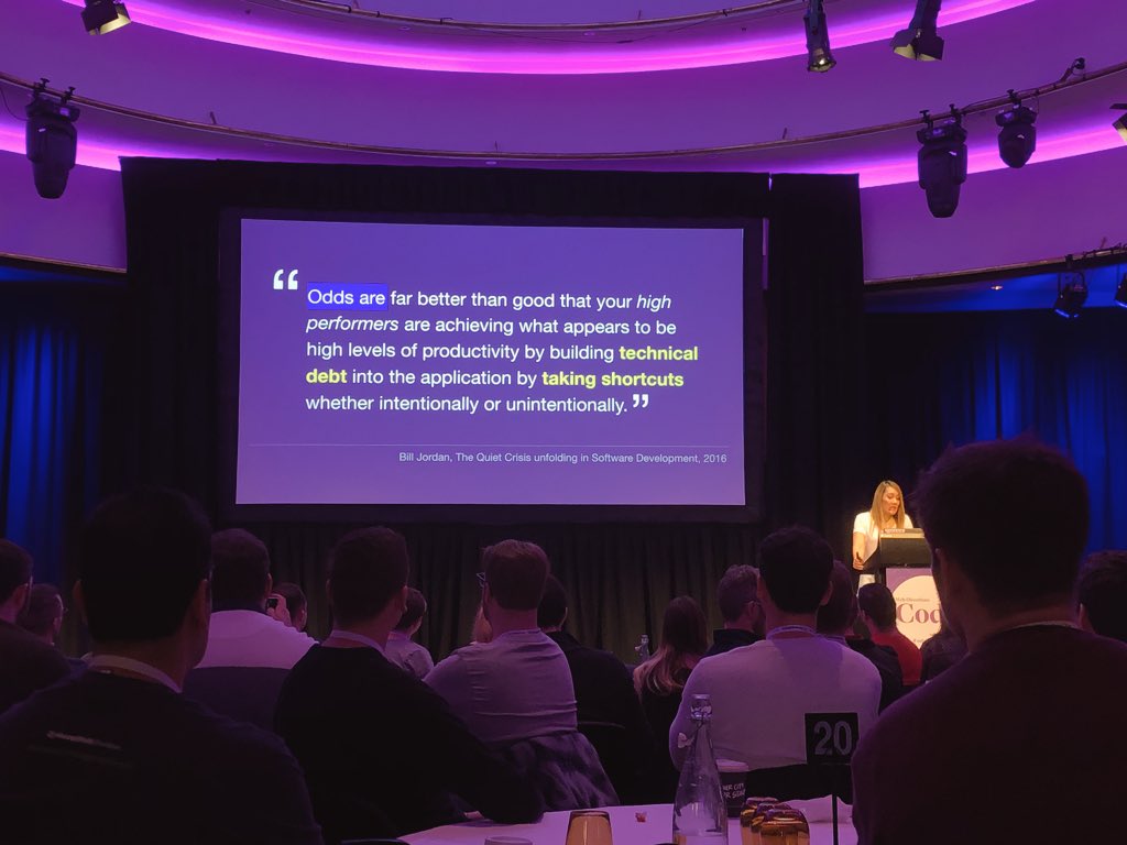 andrewserong's tweet image. Loved the talk by @the_patima on becoming a better person and developer. She describes better devs as:
* Are slow
* Don’t work long hours
* Avoid hard work
* Write bad code
* Enjoy friction
Broadly: humility, leaving on time, good work / life balance, and communication. #code18