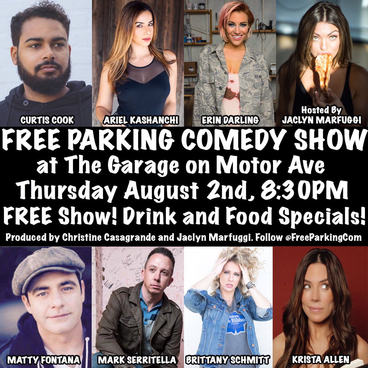 Get to the <a href="/GarageMotorAve/">The Garage</a> TONIGHT for #FreeParkingComedy with <a href="/Curtis_Cook/">Curtis Cook</a> <a href="/IranianMermaid/">Ariel Kashanchi</a> @ErinADarling <a href="/Mattyfontana13/">Matty Fontana</a> @MarkSerritella <a href="/ItsBrittBrit/">Brittany Schmitt</a> <a href="/KristaAllenXO/">Krista</a> <a href="/JoshAdamMeyers/">Josh Adam Meyers</a> hosted and produced by <a href="/JaclynMarfuggi/">Jaclyn Marfuggi Caprio</a>, and <a href="/XtineBigHouse/">Christine Casagrande</a>! Come for the laughs, stay for the 🍕!