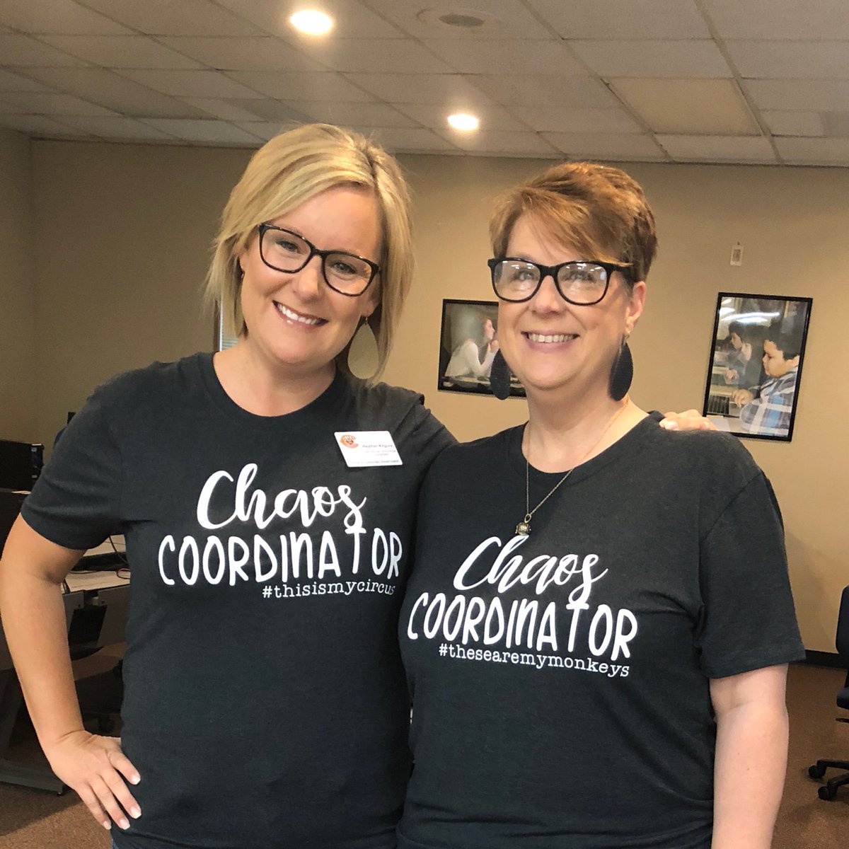 TechyKilgore's tweet photo. @iamsturchie and I were intentional about our new teacher training day 2 shirts this year! We are embracing the chaos and realize that everything that happens within our district IS our circus and ARE our monkeys! #CISDtigers #ChaosCoordinator #ThisIsMyCircus #TheseAreMyMonkeys https://t.co/LWWA4dPq6C