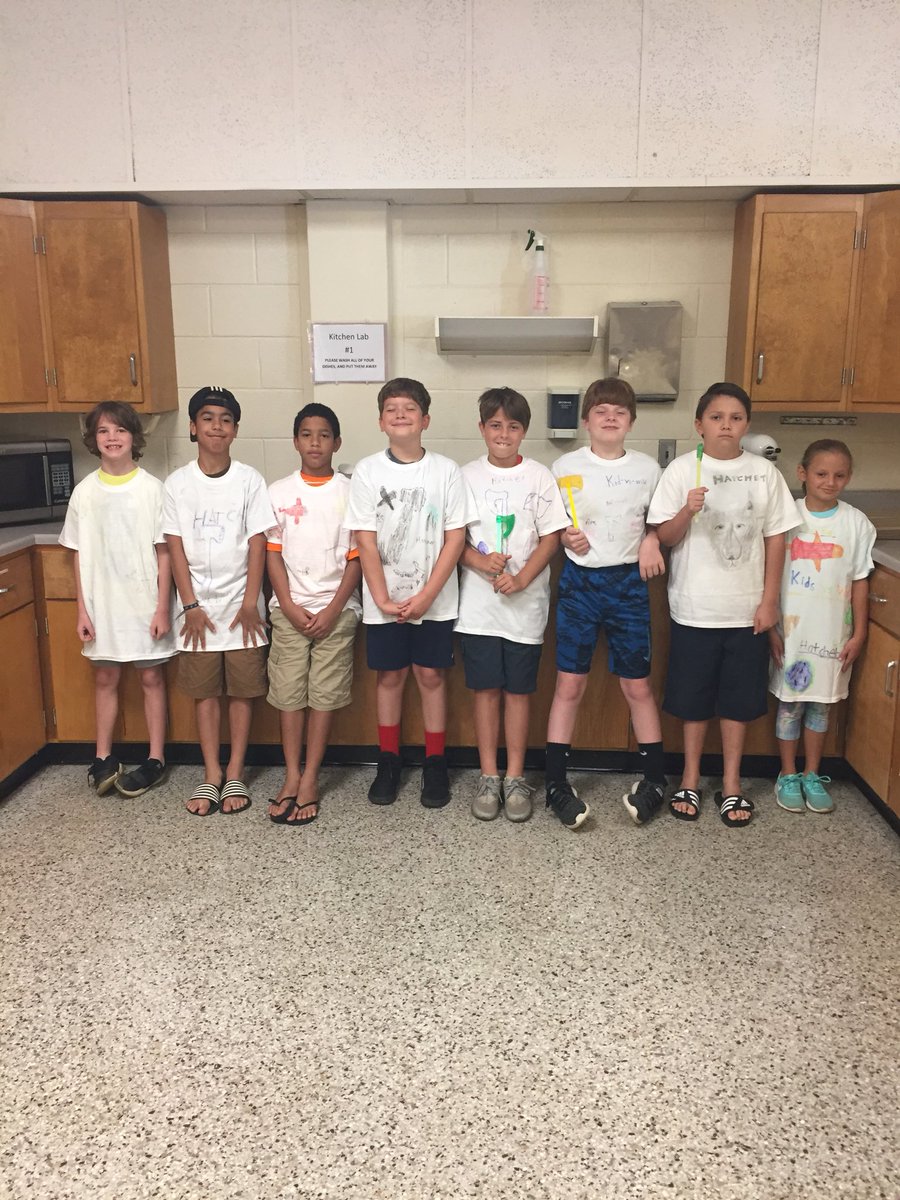 murph12_l's tweet photo. Today was our last day of “Kids vs Wild” camp! We read all but the last two chapters of our book, ate “gut cherry pie,” and decorated t-shirts! The campers got to keep their copies of Hatchet and can finish on their own! #MACSAwesome #MASummer #JOLeaders #JOFamily https://t.co/XffwdCLn8B