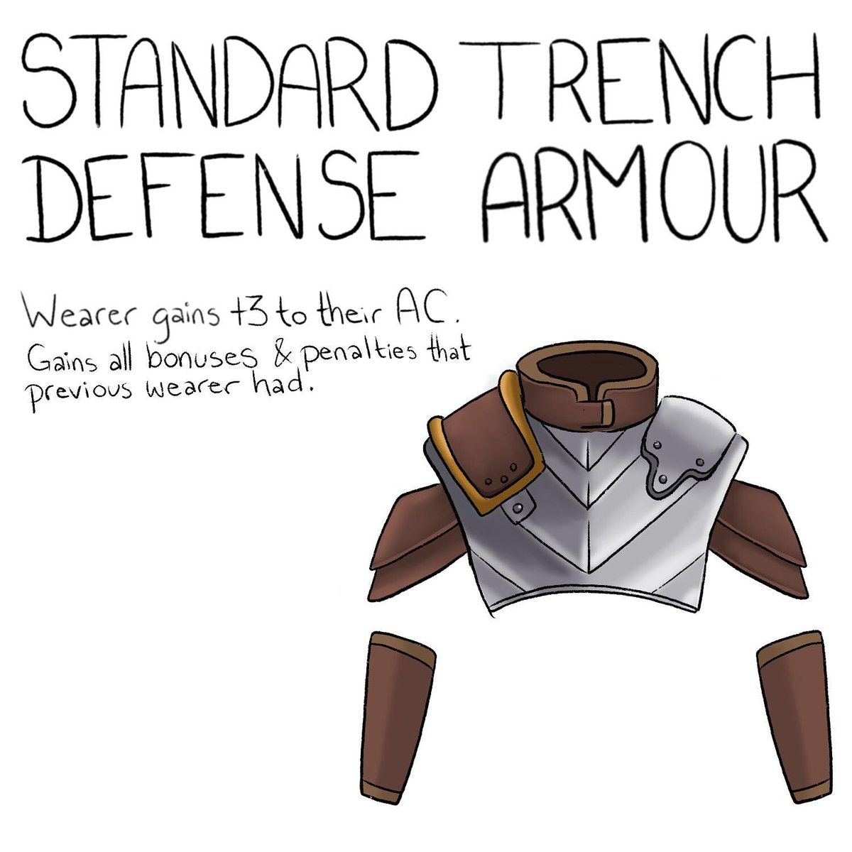 miz0mei's tweet photo. #itemsofmisuse Day 20! Standard Trench Defense Armour. FINAL ITEM!! This STD armour will give you +3 to your AC but also all of the penalties of the previous wearer #dnd #magic #armour #drawing #illustration #art #artist #ttrpg #tabletop #series #pathfinder #fantasy https://t.co/IEDFQt5Hab