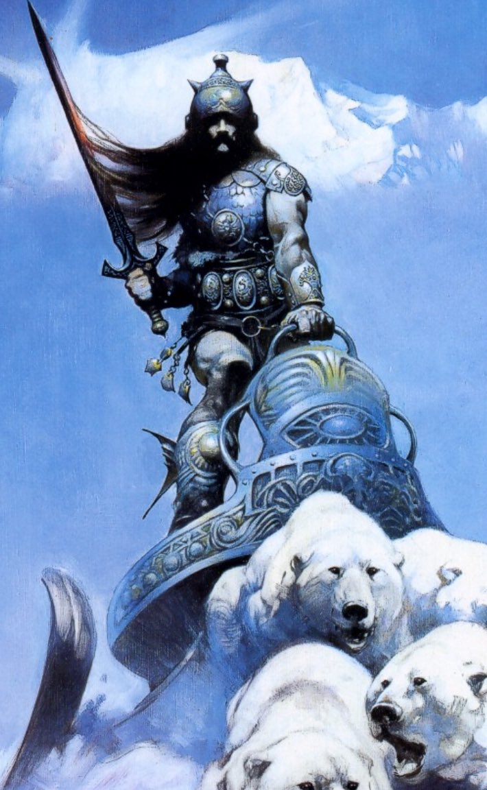 frazettagirls's tweet photo. #FrankFrazetta ‘Silver Warrior’ Oil on canvas •1972• crop. 
Over the years this iconic Frazetta image has graced many “retro 70s” vans, appeared on rock memorabilia, as well as book + magazine covers! Many adaptations,variants, and homages have been done since. https://t.co/s7fjsIpePS