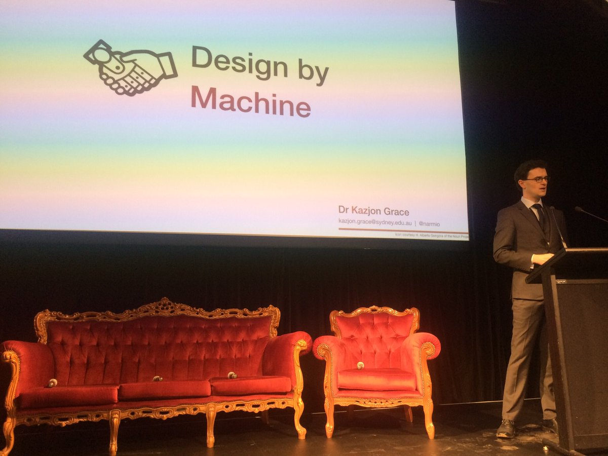 . <a href="/Narmio/">Kazjon</a> addressing the robot elephant in the room. 🤖 - By explaining how can we use AI to augment the way we do design. 

#cathedralthinking 
#100years 
#100design 
@Sydney_Arch