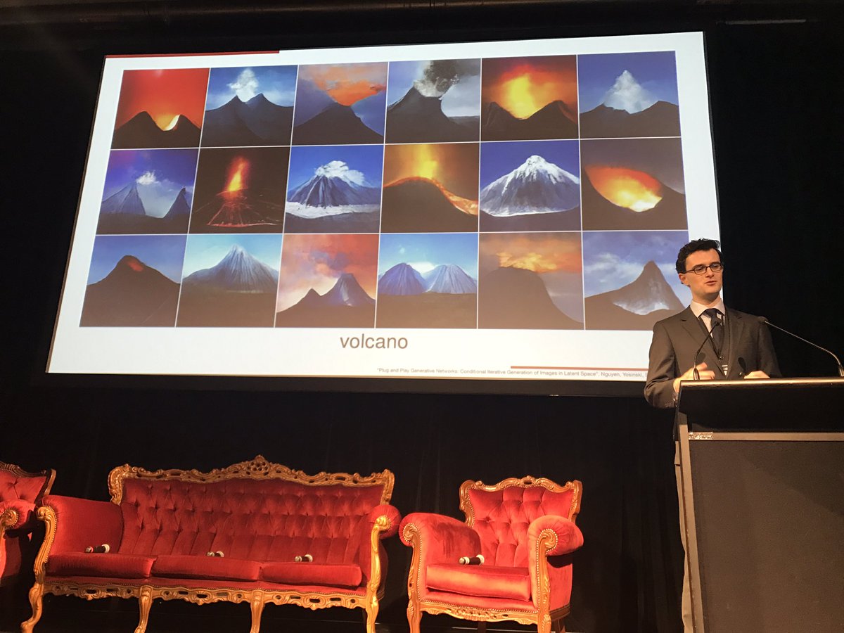 Can AI help with creative &amp; design practices? <a href="/Narmio/">Kazjon</a> Kazjon Grace showing us some (fantastically creepy) examples of AI-generated images, drawings: the difference with humans is that reflection doesn't just change the output, but reframes the question itself. #CathedralThinking