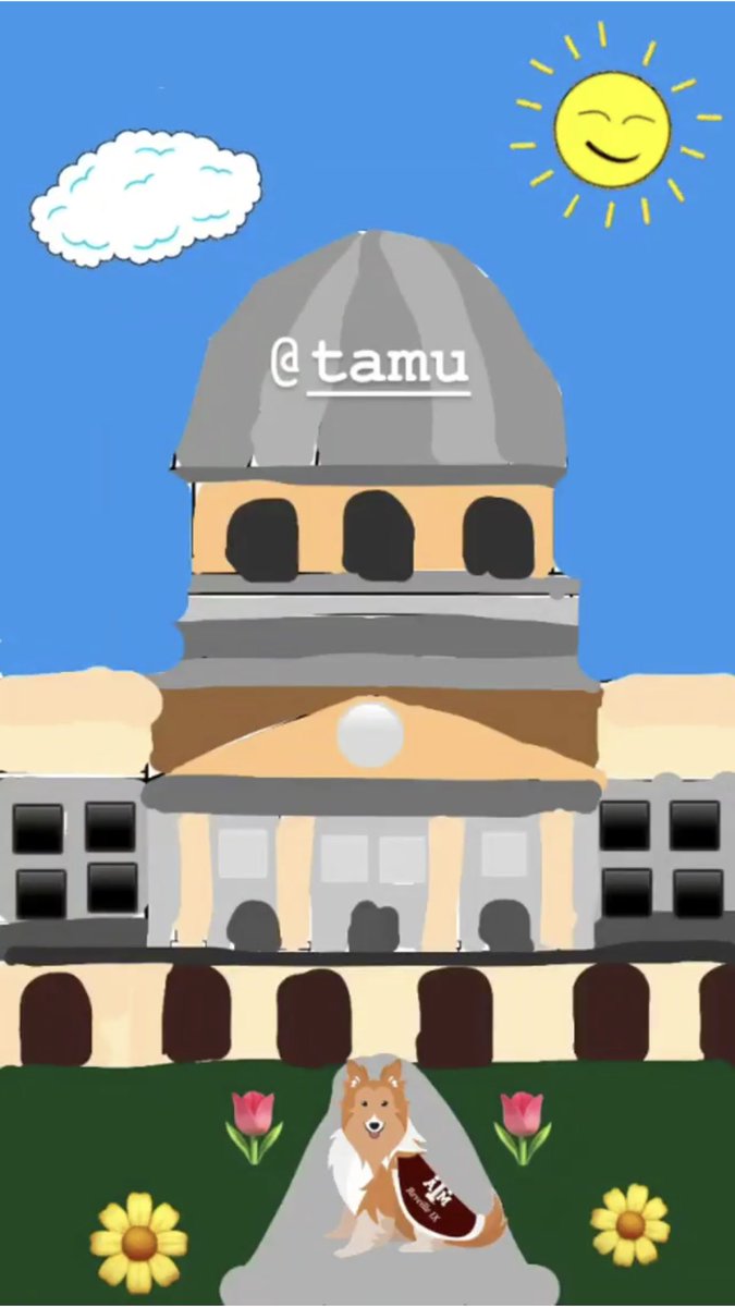 A colored in Academic Building with Reveille sitting in front