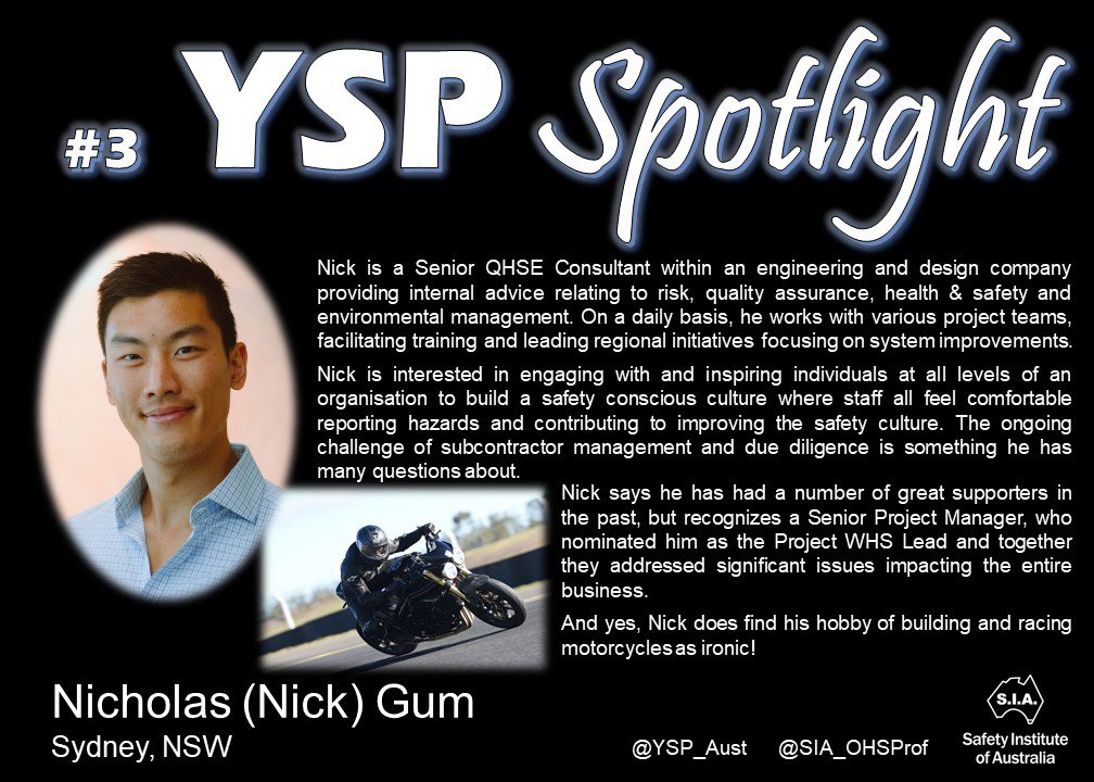 Today, Nicholas Gum is in the #yspspotlight (Profile 3)
Read about Nick's challenge as an emerging health and safety professional.
<a href="/YSP_Aust/">Young Safety Pro</a> @SIA_OHSProf #aw2aw
Email: yspinfo@sia.org.au to take part and put yourself in the spotlight!