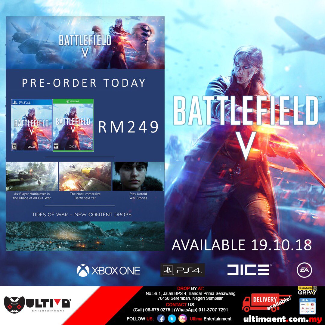 Ultima Entertainment on Twitter: "🕹 [PRE-ORDER] 🎮 Battlefield V (PS4/R3/ENG) Release Date: 19 October Genre: Shooter https://t.co/X6njZ77rFo Price: RM249 ❗Shopee : https://t.co/TDMmspga4I 📩Contact: Tel: 06-6750275 Whatsapp: 011 ...