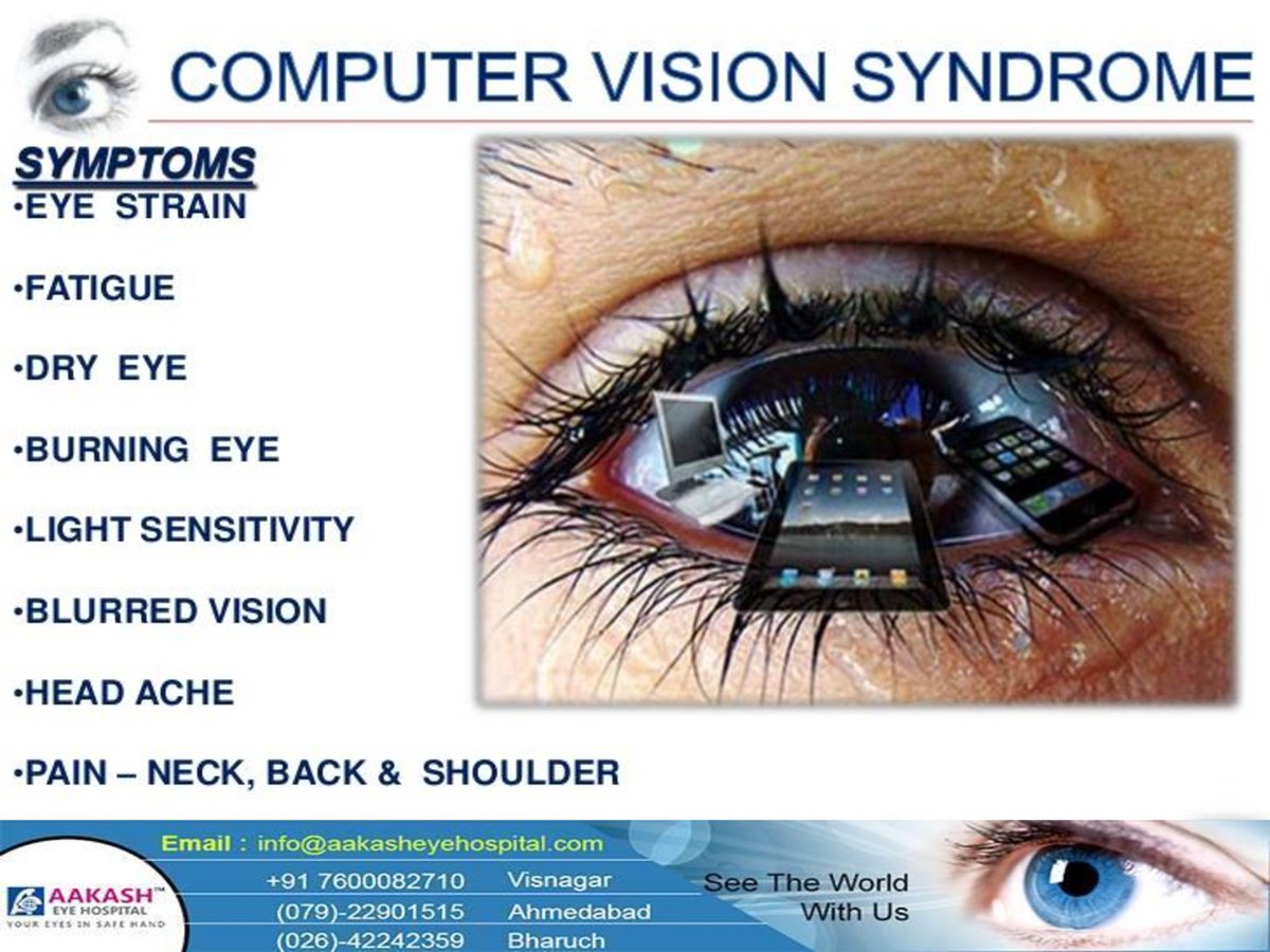 aakasheye's tweet photo. #Computervisionsyndrome (CVS) is a condition resulting from focusing the eyes on a computer or other display device for protracted, uninterrupted periods of time and the eye #muscles being unable to recover from the strain due to a lack of adequate sleep. https://t.co/kZAR7lTLdU