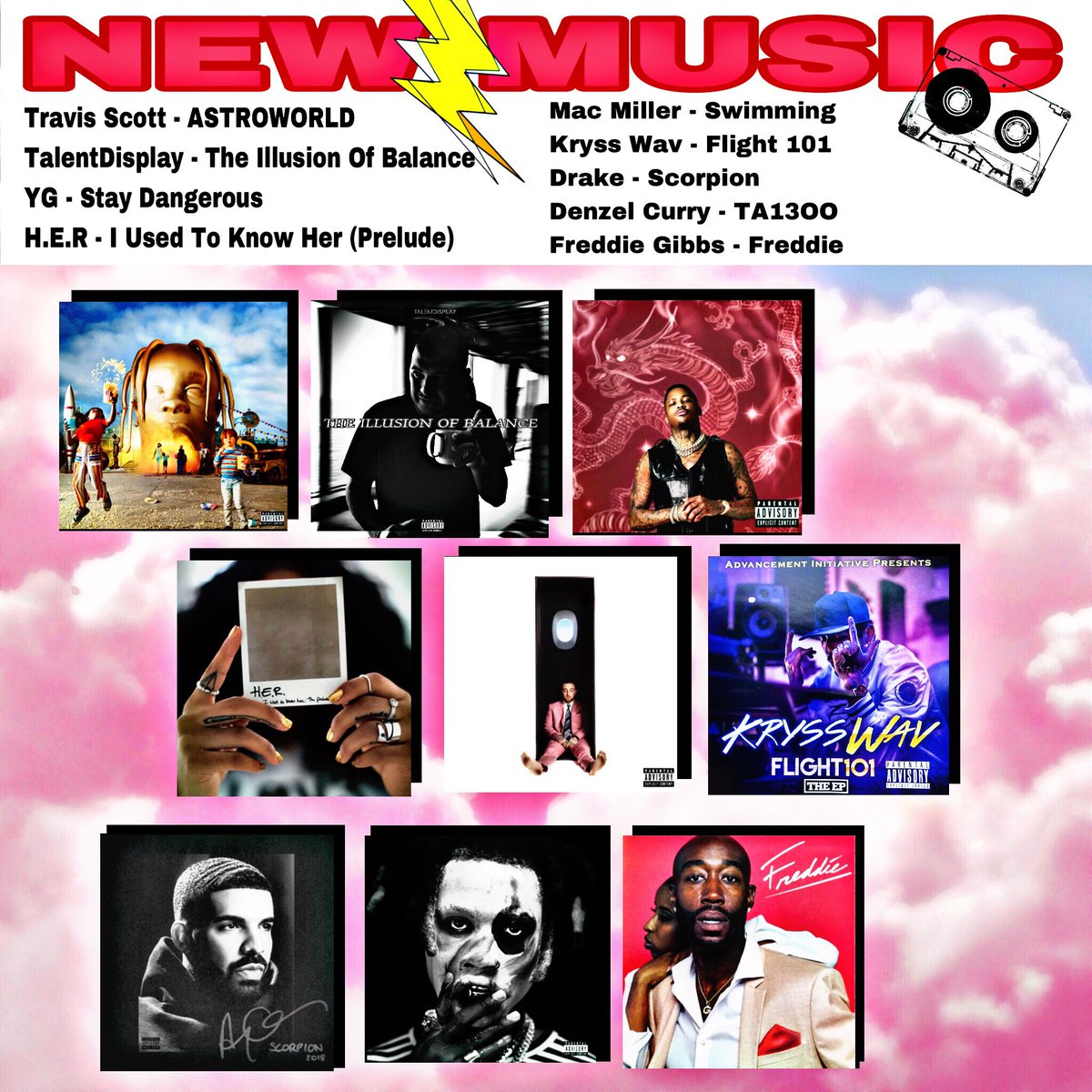 VerbalVisionOn's tweet photo. #NewMusic we bumpin!
#TravisScott #ASTROWORLD
#TalentDisplay #TIOB
#YG #StayDangerous
#HER #IUTKH
#MacMiller #Swimming
#KryssWav #Flight101
#Drake #Scorpion
#DenzelCurry #TA13OO
#FreddieGibbs #Freddie
#Spotify https://t.co/Su65d3Dwdl