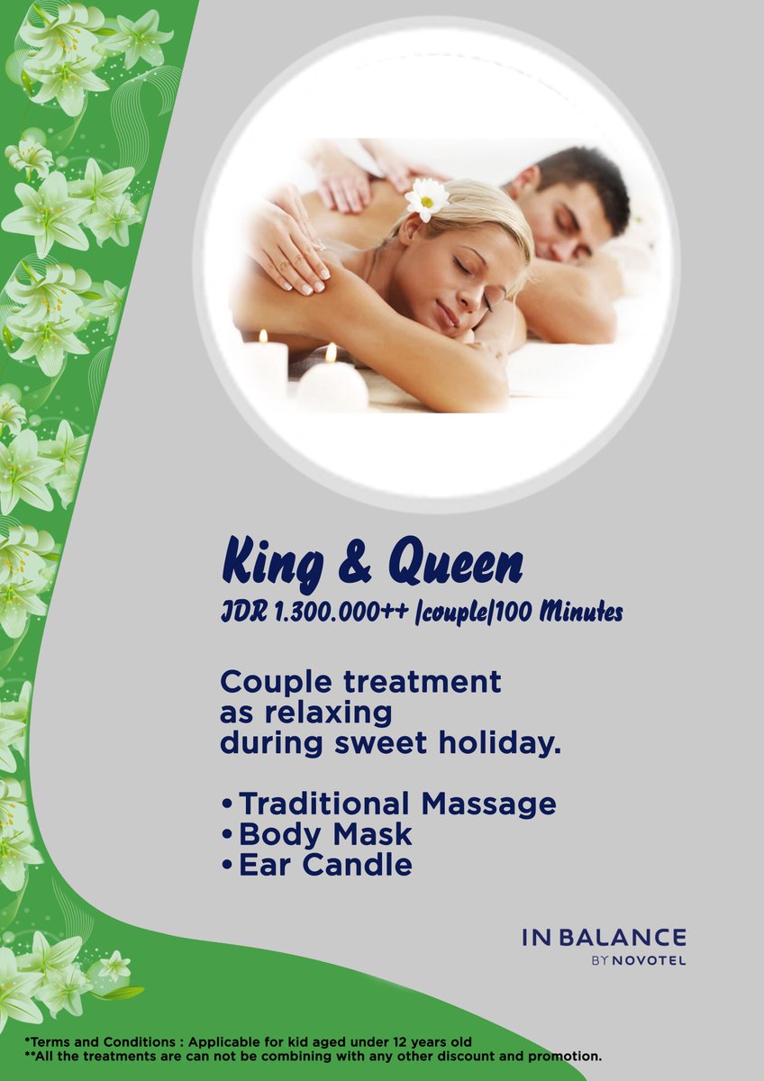 NovotelBenoa's tweet photo. Spa Package : King &amp; Queen..
For booking or further information, please contact: In Balance Spa at spa.mgr@novotelbalibenoa.com
or dial +62 (0) 361 77 22 39 Ext:119 https://t.co/tcHHBNLijD