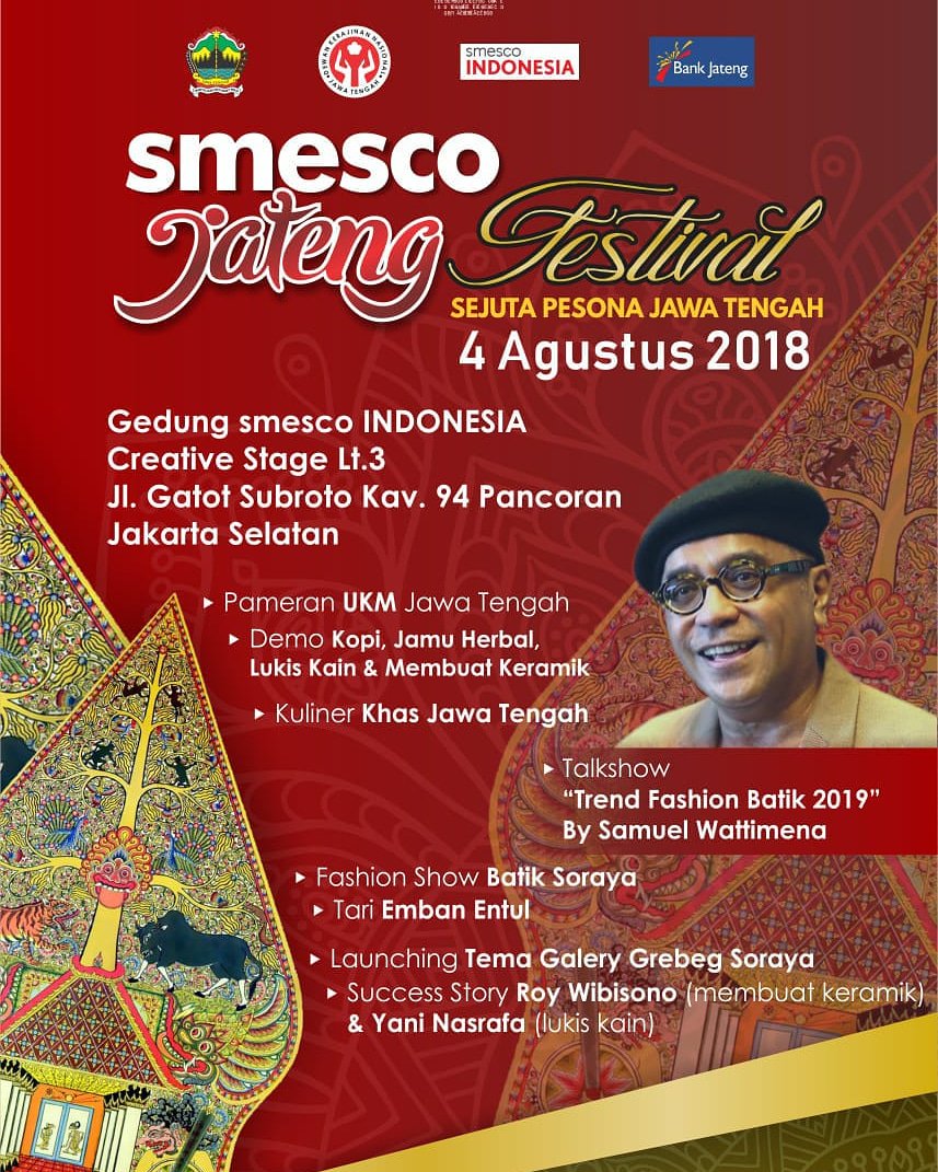 dinkopjateng's tweet photo. Festival SMESCO Sejuta Pesona Jawa Tengah sebagai apresiasi kepada masyarakat, pelaku usaha dan Duta Besar Negara sahabat sehingga produk Jawa Tengah bisa dikenal baik skala Nasional maupun Internasional

#RoadToPestaRakyat #JatengGayeng #smesco https://t.co/z9ZDZzcxEH