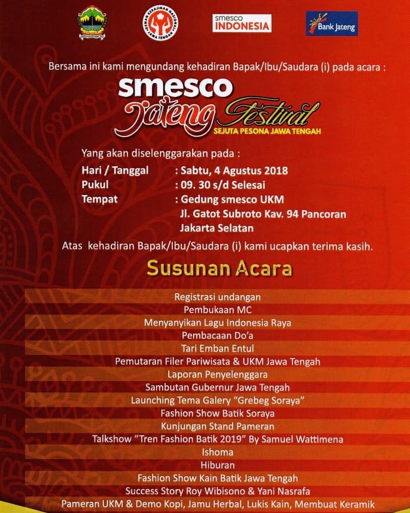 dinkopjateng's tweet photo. Festival SMESCO Sejuta Pesona Jawa Tengah sebagai apresiasi kepada masyarakat, pelaku usaha dan Duta Besar Negara sahabat sehingga produk Jawa Tengah bisa dikenal baik skala Nasional maupun Internasional

#RoadToPestaRakyat #JatengGayeng #smesco https://t.co/z9ZDZzcxEH