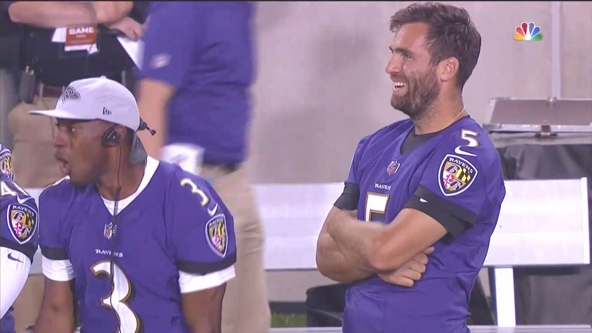CBSSports's tweet photo. Fellow Ravens QBs reacting to Lamar's first INT? https://t.co/x6nuY6HIc3