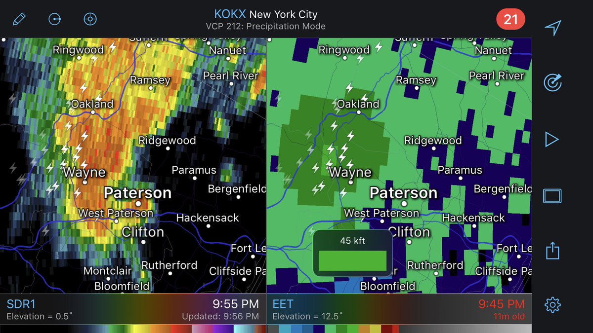 Supercell organizing over northeastern New Jersey. Low-level rotation is not impressive, but channeling of near-surface winds in the lower Hudson Valley could be a factor as the storm develops and moves northeastward. #njwx #nywx