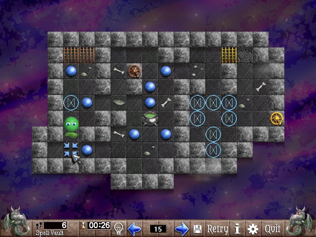 Sokoban puzzle titled "Spell Vault", showing the new point & click movement and hint button.