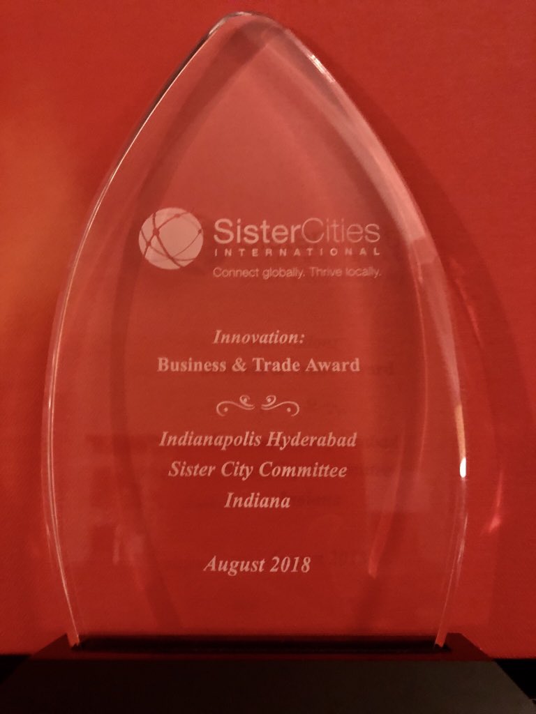 IndyHyderabad's tweet photo. Thanks @SisterCitiesInt for recognizing @IndyHyderabad with Innovation: Business &amp; Trade Award. Grateful for it, we have a story to share #InfosysStory with the world that How sister city partnerships can play a new role in a global economy. @SecondLady #Citiesleadingtheway https://t.co/3sL5AzDhGu