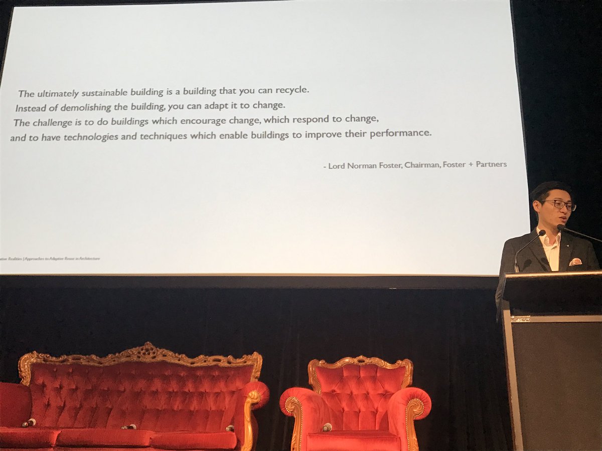 jessaroo's tweet photo. First up in the next session, Hugo Chan on #adaptivereuse Genuine #sustainability in building is designing to encourage change, respond to change, which are designed for our time &amp; avoid mimicry of the past. #CathedralThinking #architecture https://t.co/7YNlxvr7VC