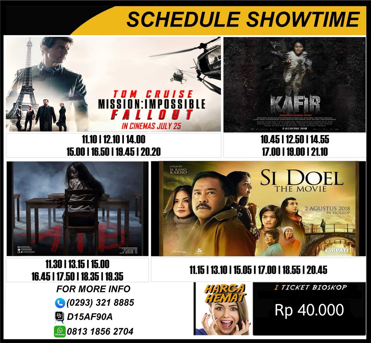 Selamat jelang akhir pekan Guys.
Waktunya quality time bareng keluarga nih.
Boleh lho ajakin keluarga, temen temen, atau pacar kamu buat nonton film favorit di Platinum Cineplex Magelang.
Cek schedule hari ini yuuk, dan segera pilih film favoritmu buat di tonton hari ini