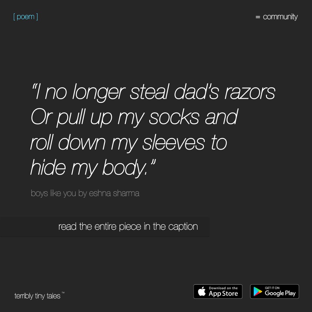terriblytiny's tweet photo. Eshna Sharma writes a #Community [ poem ] 'BOYS LIKE YOU'

https://t.co/y1nvz4qwGy

This piece was written and discovered on the TTT app. Follow the pen name - eshna on the app to read more by them. You can download the app here <https://t.co/xxm4Z8VWC9>

#tttapp #microfiction https://t.co/vhUaE38Ed0