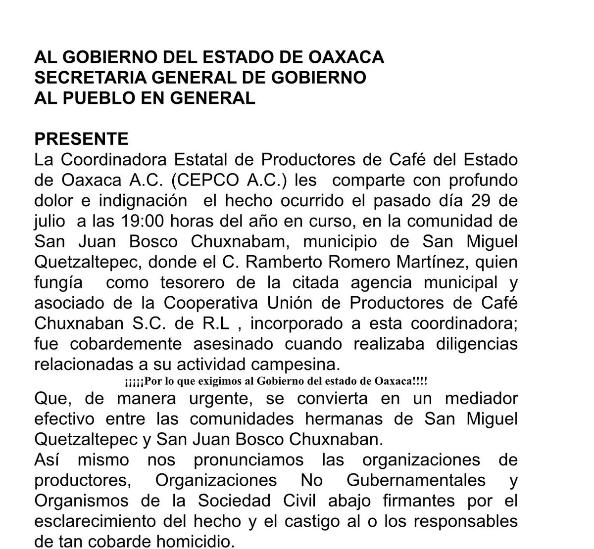 CEPCO_OAXACA's tweet photo. ¡exigimos al Gobierno del estado de Oaxaca 
Que, de manera urgente, se convierta en un mediador efectivo entre las comunidades hermanas de San Miguel Quetzaltepec y Chuxnaban #BastaDeImpunidadEPN #Oaxaca https://t.co/6nwg4XV83i