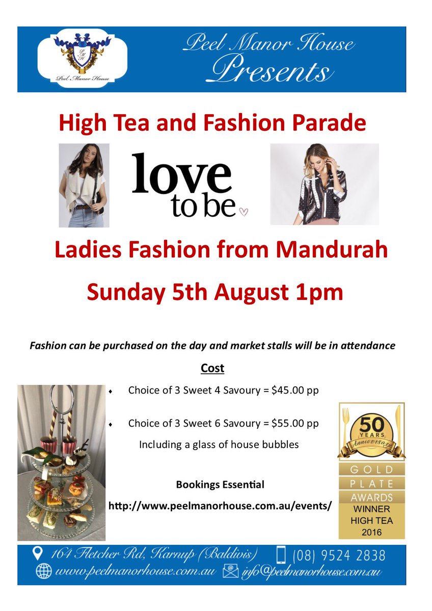 PeelManor's tweet photo. High Tea with Fashion Parade,  Fascinators and Market Stalls
Last Minute bookings available for this Sunday phone us on 9524 2838

#Hightea https://t.co/utsAzFrOuU