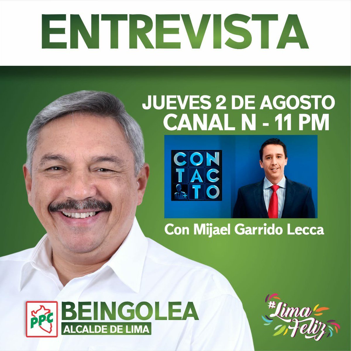 En breve, nuestro candidato a la alcaldía de #Lima <a href="/BeingoleaA/">Alberto Beingolea</a>,  brindará una entrevista en <a href="/canalN_/">Canal N</a> con @MijaelGLP.

#LimaFeliz
#LaVictoriaSiTieneFuturo
#PPC
#ERM2018